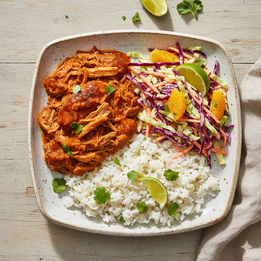 Mojo Pulled Pork with Citrus Slaw and Lime Rice